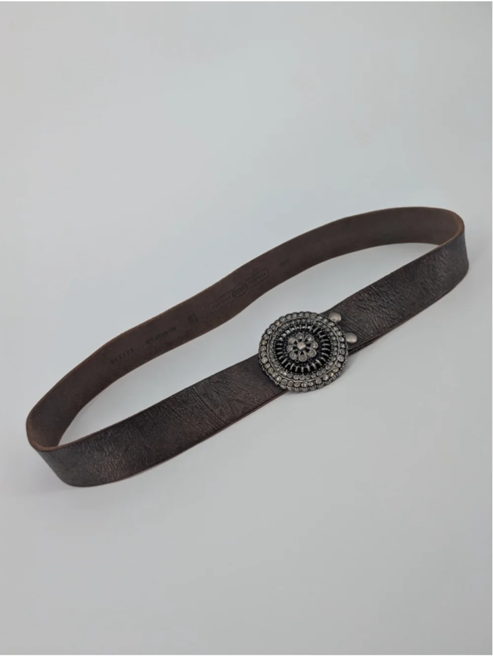 Fossil BT2918001 Brown Tooled Leather Belt Rhinestone Concho Buckle Boho Western